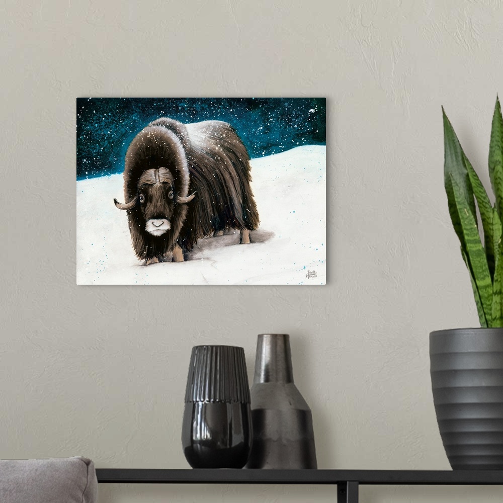 A modern room featuring Artwork of a large muskox standing in the snow at night.