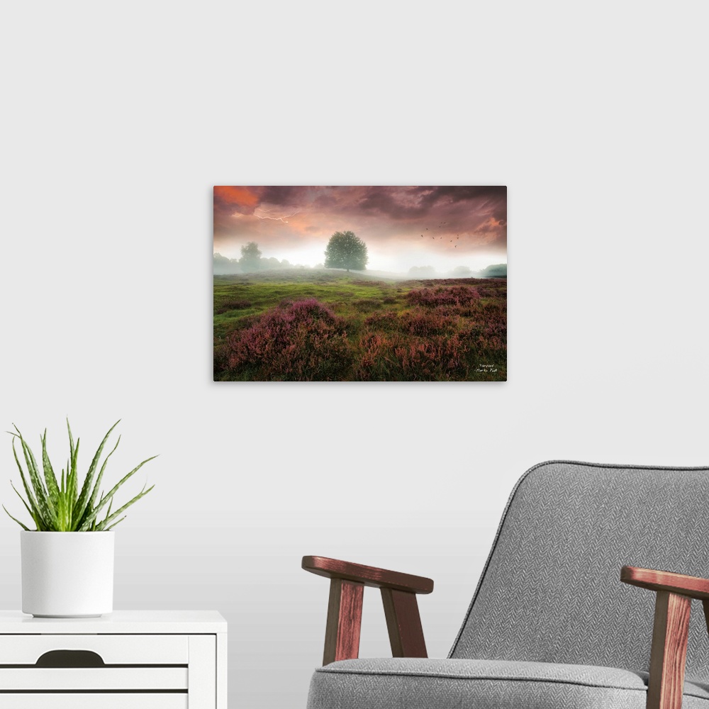 A modern room featuring Mist lit up with sunlight over a field in the countryside under heavy clouds.