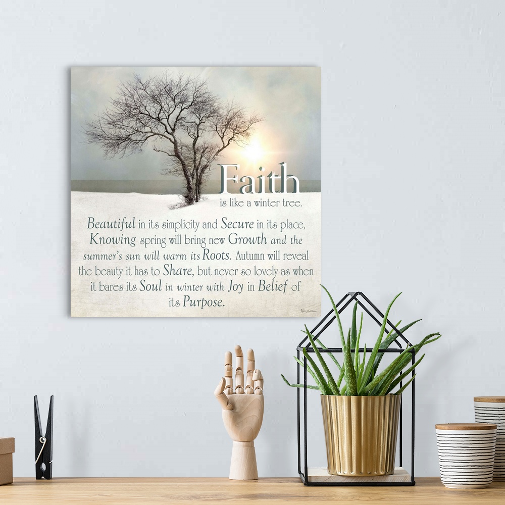 A bohemian room featuring A poetic typography piece that compares Faith to a living tree.