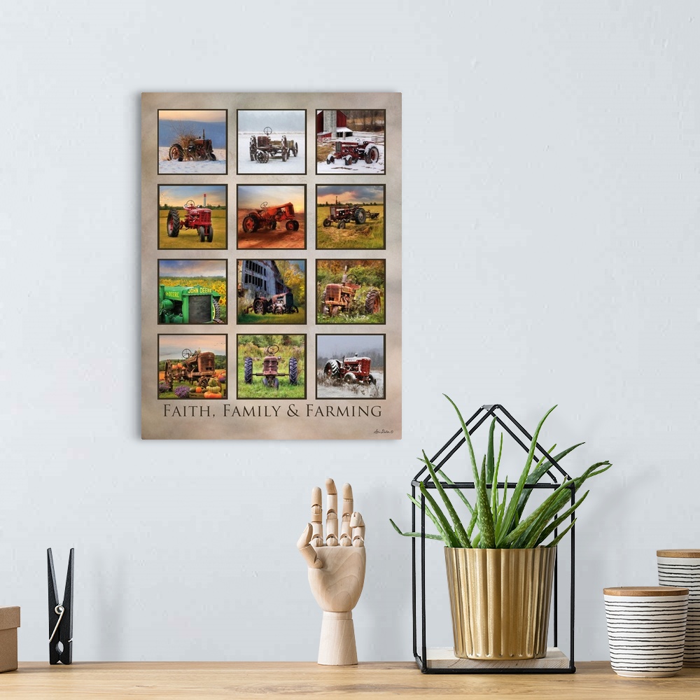 A bohemian room featuring Collection of farm tractors of varying colors and seasons, arranged in a grid.