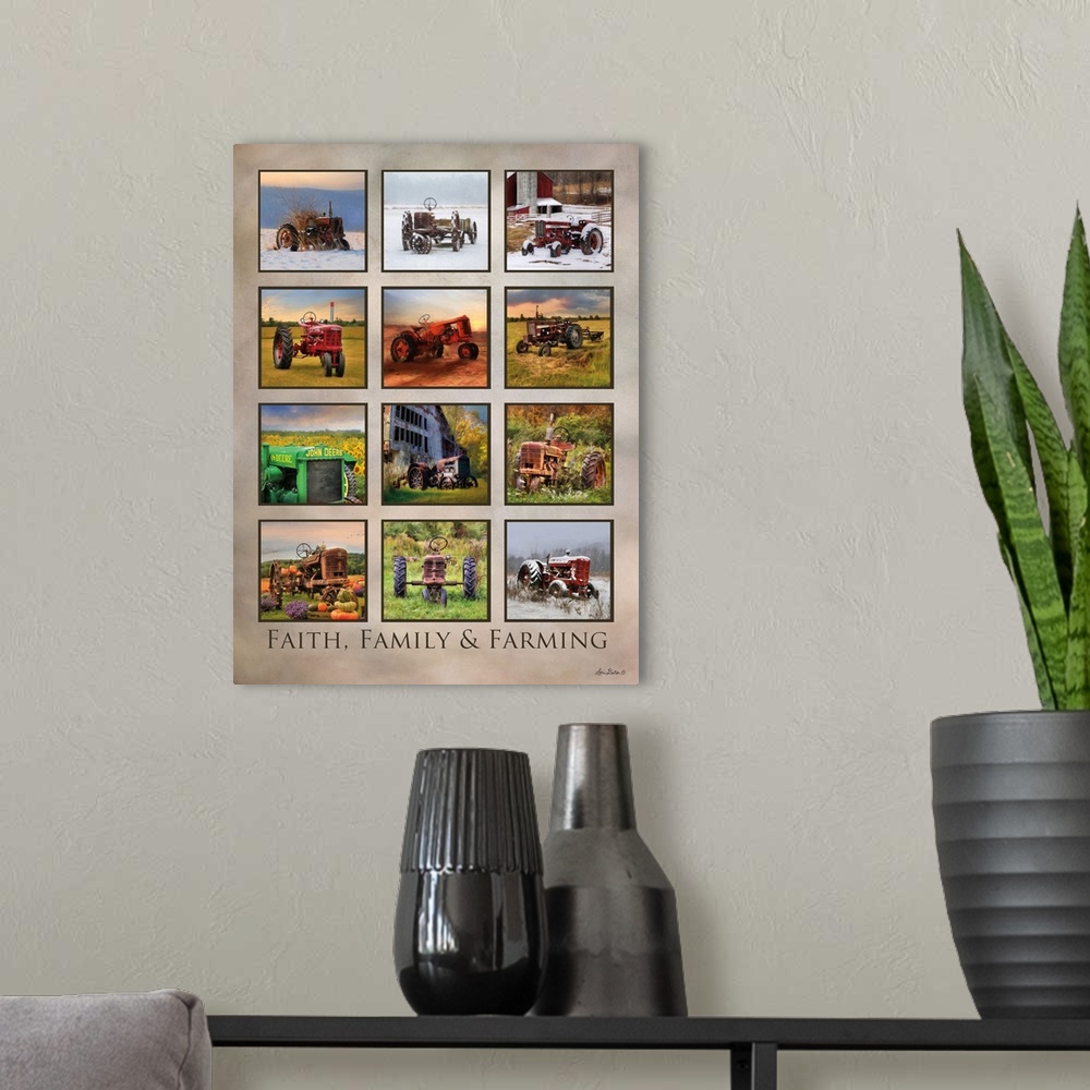 A modern room featuring Collection of farm tractors of varying colors and seasons, arranged in a grid.