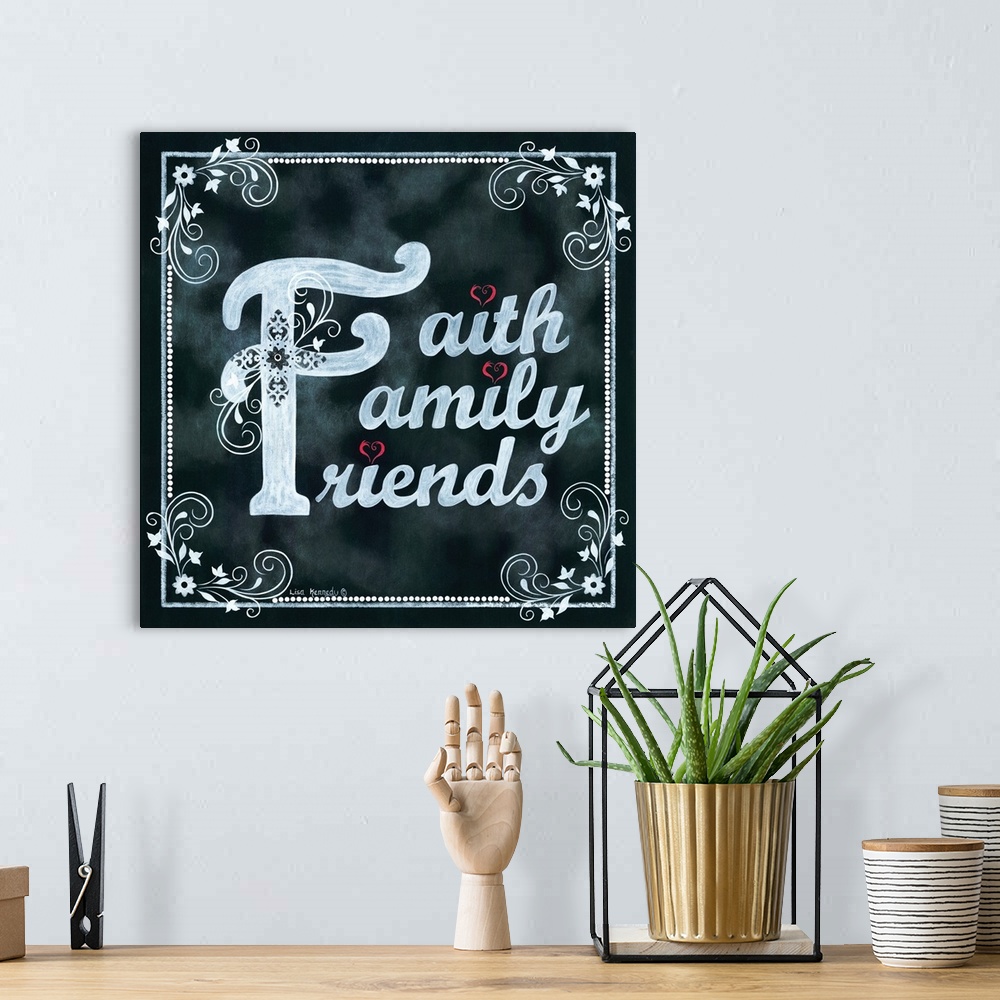 A bohemian room featuring Faith, Family, Friends