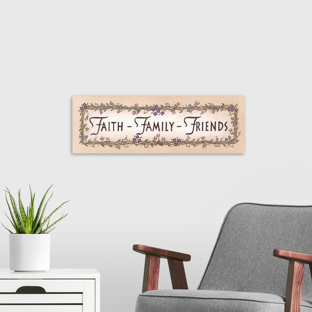 A modern room featuring Artwork of the words Faith, Family, and Friends framed by flowering vines.