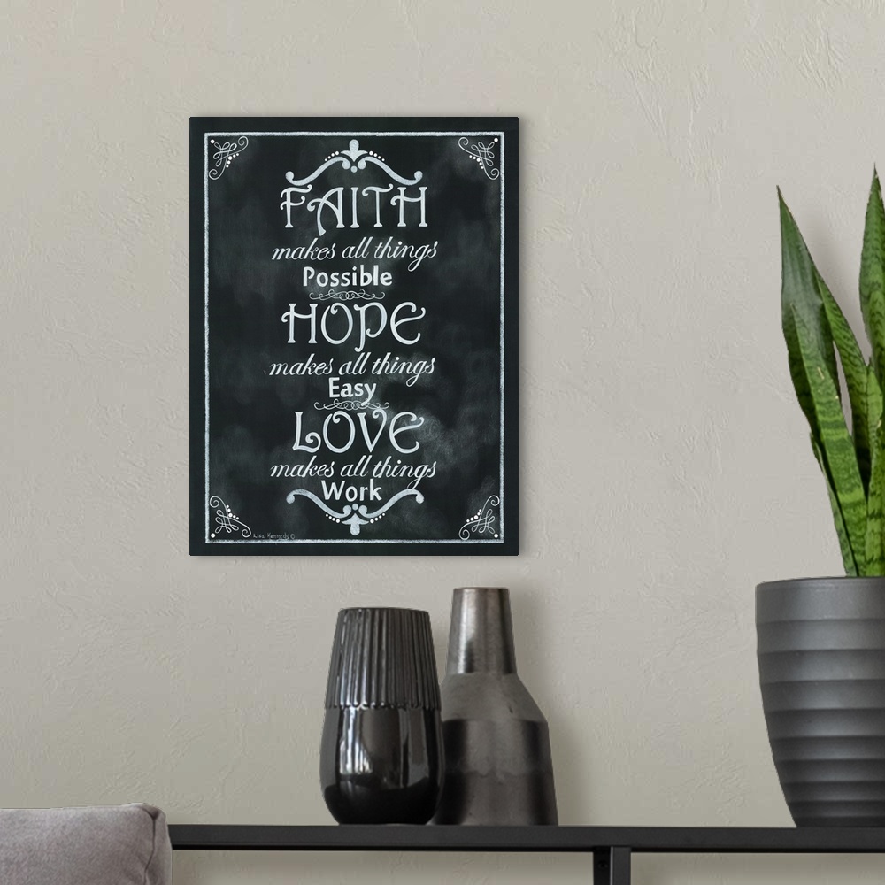 A modern room featuring Faith, Hope, Love