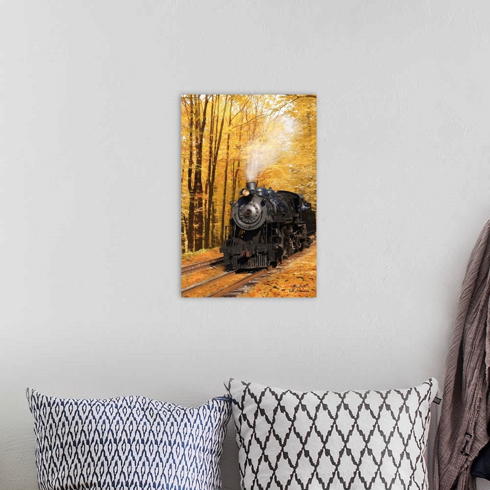 A bohemian room featuring Photograph of a train travelling through an autumn forest with the title, Fall Locomotive, in the...