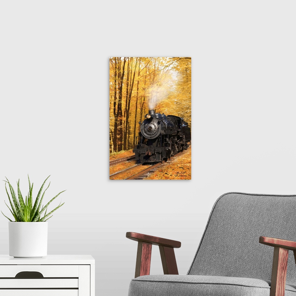A modern room featuring Photograph of a train travelling through an autumn forest with the title, Fall Locomotive, in the...