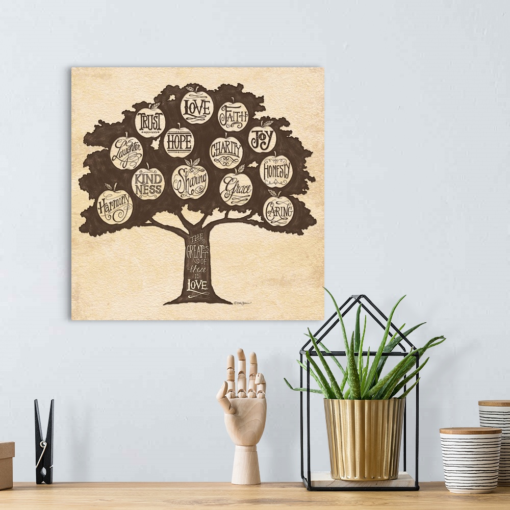 A bohemian room featuring A family tree with apple shapes containing words of positive attributes in decorative text.