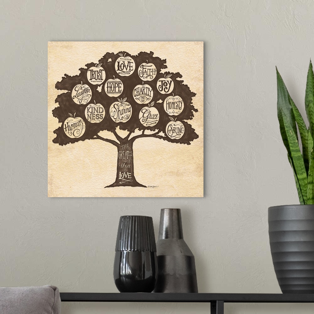 A modern room featuring A family tree with apple shapes containing words of positive attributes in decorative text.