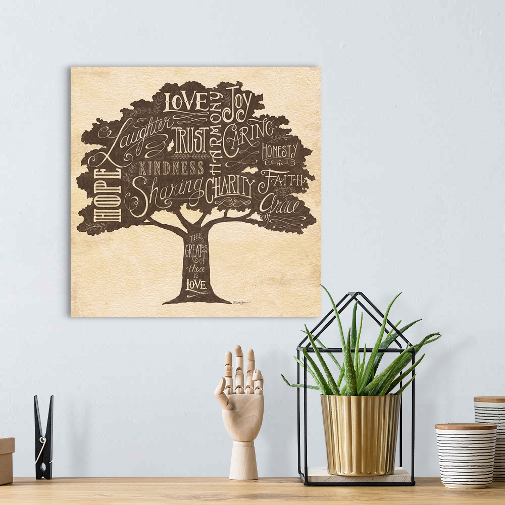 A bohemian room featuring A family tree with several positive attributes in decorative text.