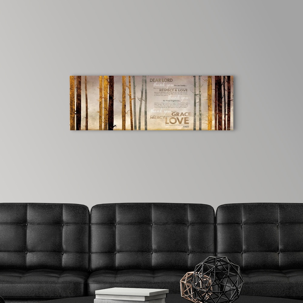 A modern room featuring Contemporary artwork of a forest with a prayer about family and love.