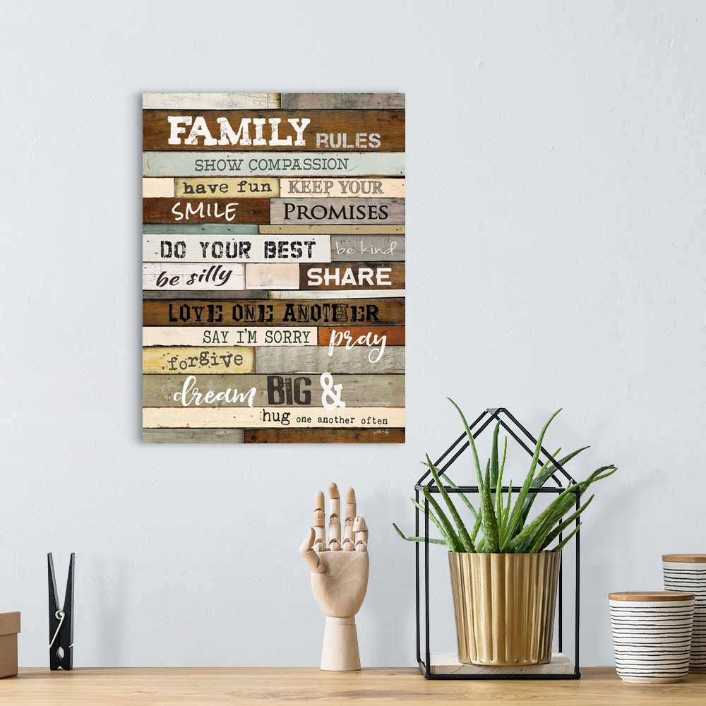 A bohemian room featuring "Family Rules Show Compassion, Have Fun, Smile, Keep Your Promises, Do Your Best, Be Kind, Be Sil...
