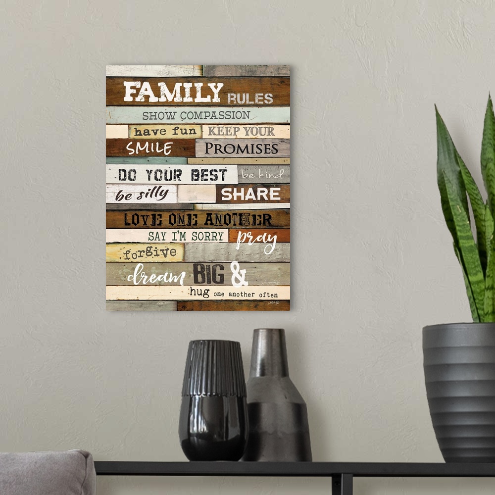 A modern room featuring "Family Rules Show Compassion, Have Fun, Smile, Keep Your Promises, Do Your Best, Be Kind, Be Sil...