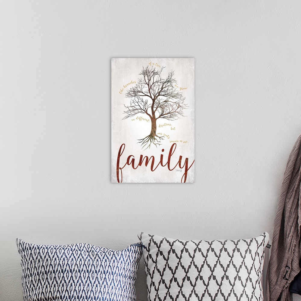 A bohemian room featuring A family tree with lots of branches and the word "Family" in large script text underneath.