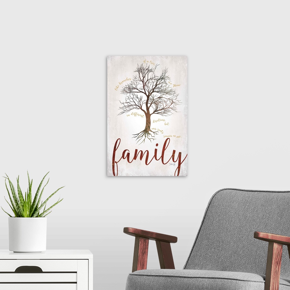 A modern room featuring A family tree with lots of branches and the word "Family" in large script text underneath.