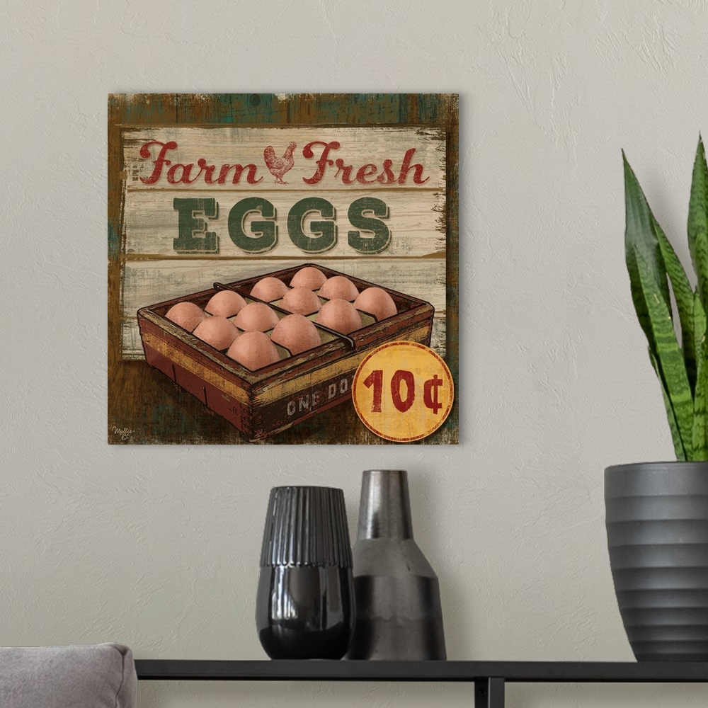 A modern room featuring Vintage style sign with a weathered wood effect for fresh eggs.