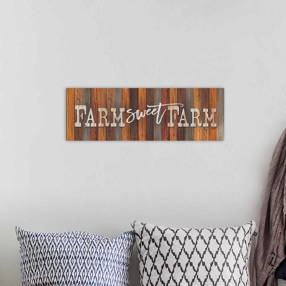 A bohemian room featuring Farmhouse-themed typography artwork on a background of various wooden boards.