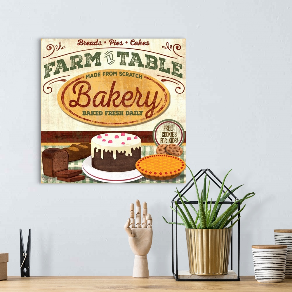 A bohemian room featuring Vintage style sign with a weathered wood effect for freshly baked goods.