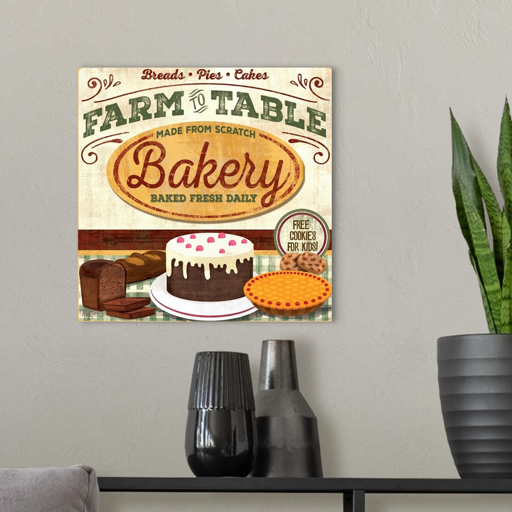 A modern room featuring Vintage style sign with a weathered wood effect for freshly baked goods.