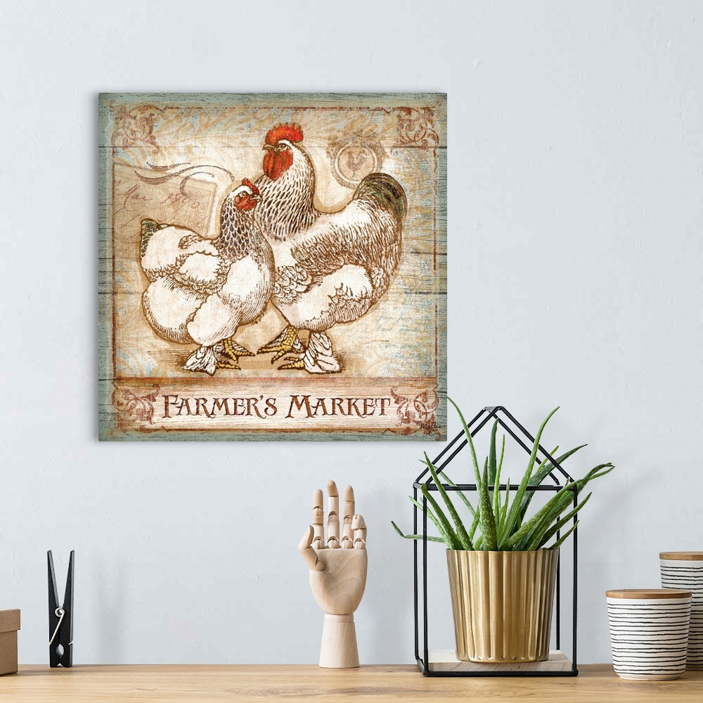 A bohemian room featuring Home decor artwork of two white hens against a distressed wooden background.