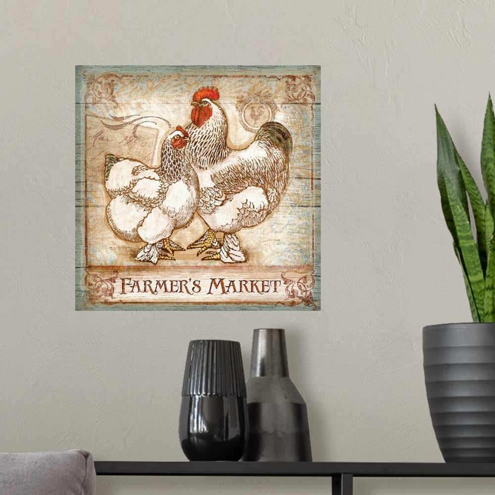 A modern room featuring Home decor artwork of two white hens against a distressed wooden background.