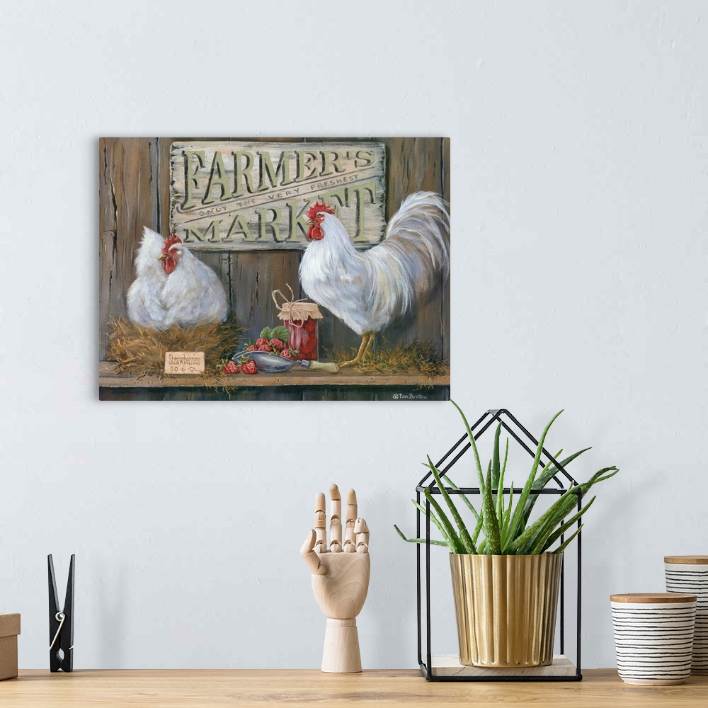 A bohemian room featuring Two white chickens with berries and jam and a sign reading "Farmer's Market."