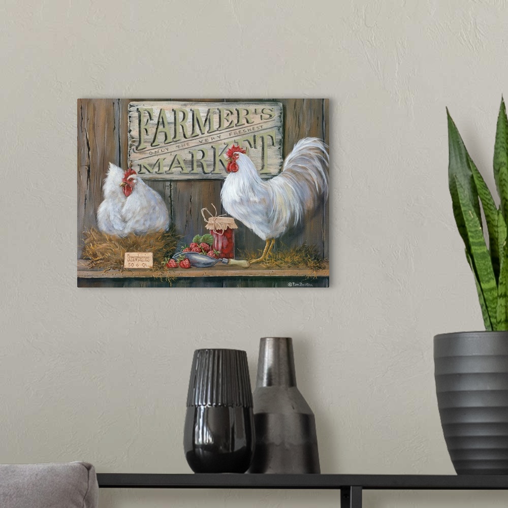 A modern room featuring Two white chickens with berries and jam and a sign reading "Farmer's Market."