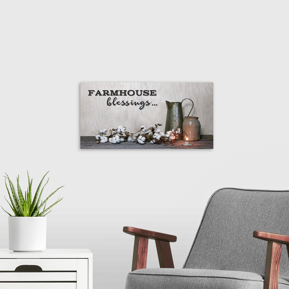 A modern room featuring This still-life photograph features rustic elements with the words, Farmhouse blessings, above it.
