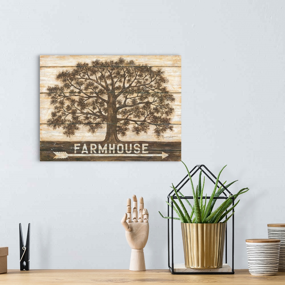 A bohemian room featuring Painting of an oak tree with lots of leafy branches and the word "Farmhouse" with an arrow beneat...