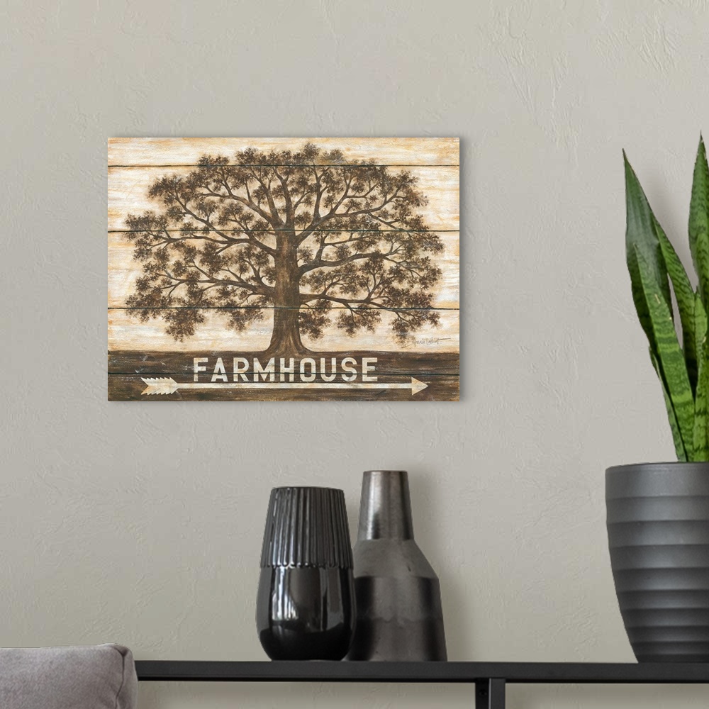 A modern room featuring Painting of an oak tree with lots of leafy branches and the word "Farmhouse" with an arrow beneat...