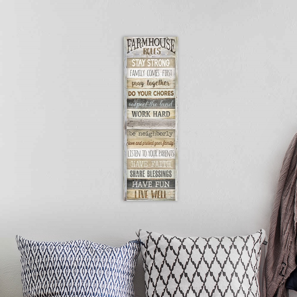 A bohemian room featuring "Farmhouse Rules, Stay Strong, Family Comes First, Pray Together, Do your Chores, Respect The Lan...