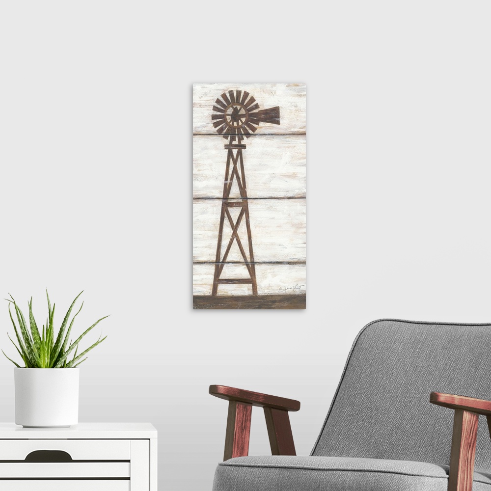 A modern room featuring Painting of a silhouetted windmill with the appearance of a wooden board background.