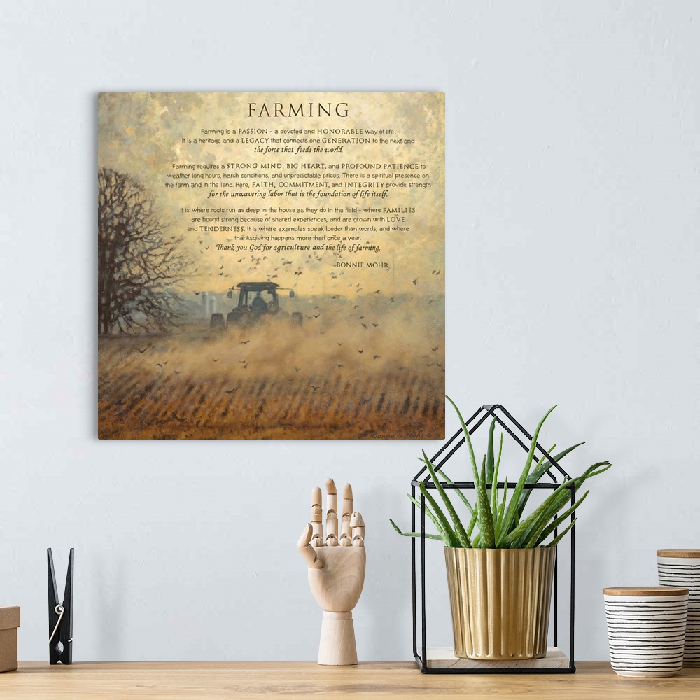 A bohemian room featuring Painting of a tractor in a field with text about the farming and country life.