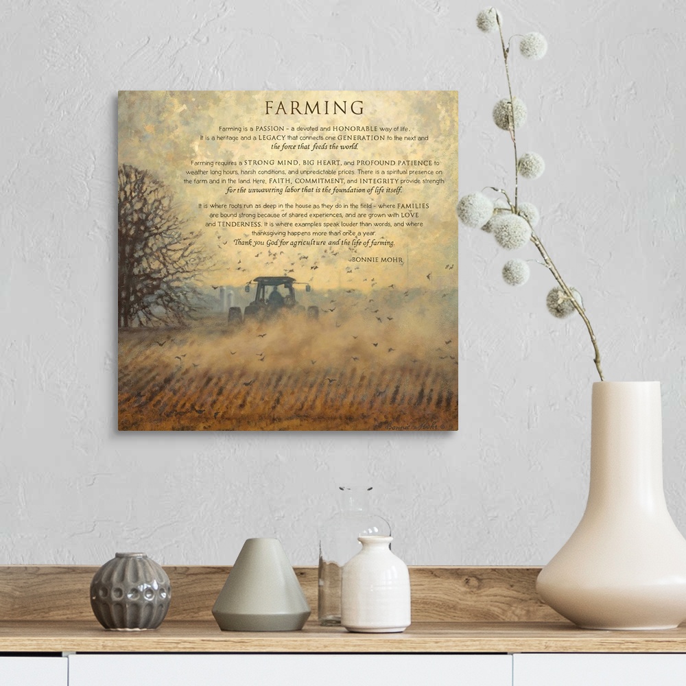 A farmhouse room featuring Painting of a tractor in a field with text about the farming and country life.