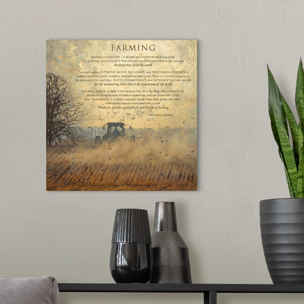 A modern room featuring Painting of a tractor in a field with text about the farming and country life.