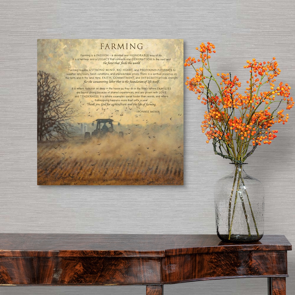 A traditional room featuring Painting of a tractor in a field with text about the farming and country life.