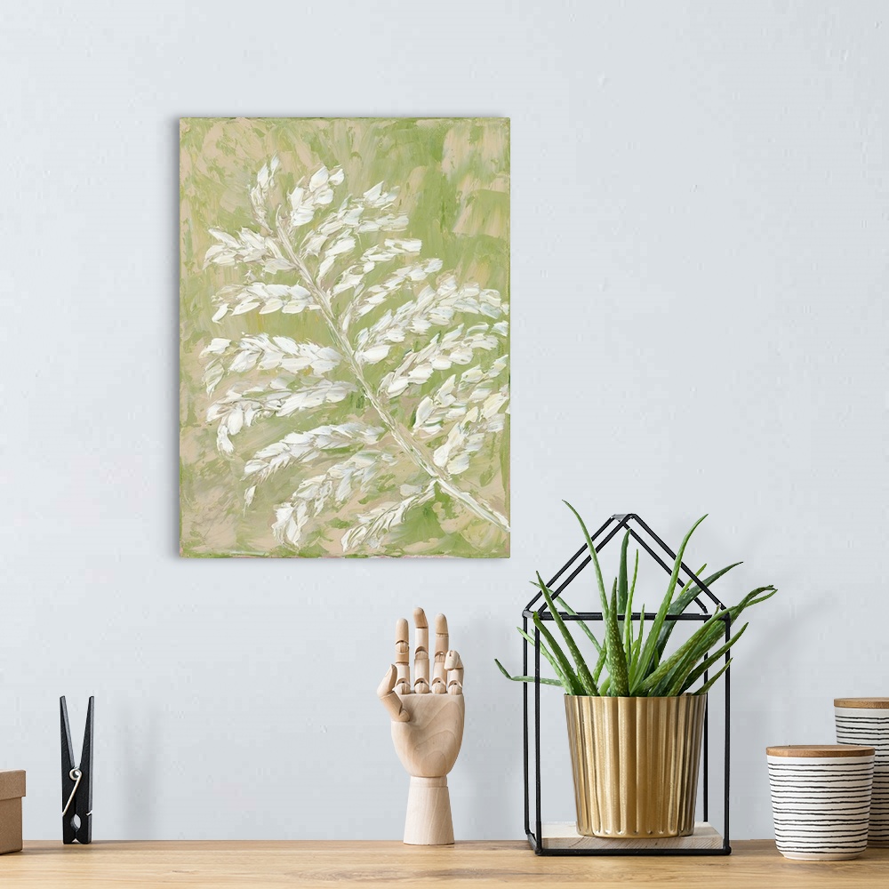 A bohemian room featuring Vertical abstract painting of a fern branch in textured brush strokes.