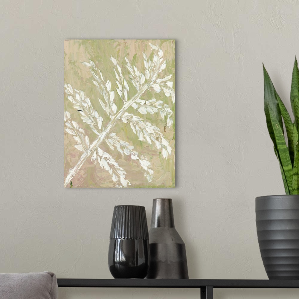 A modern room featuring Vertical abstract painting of a fern branch in textured brush strokes.