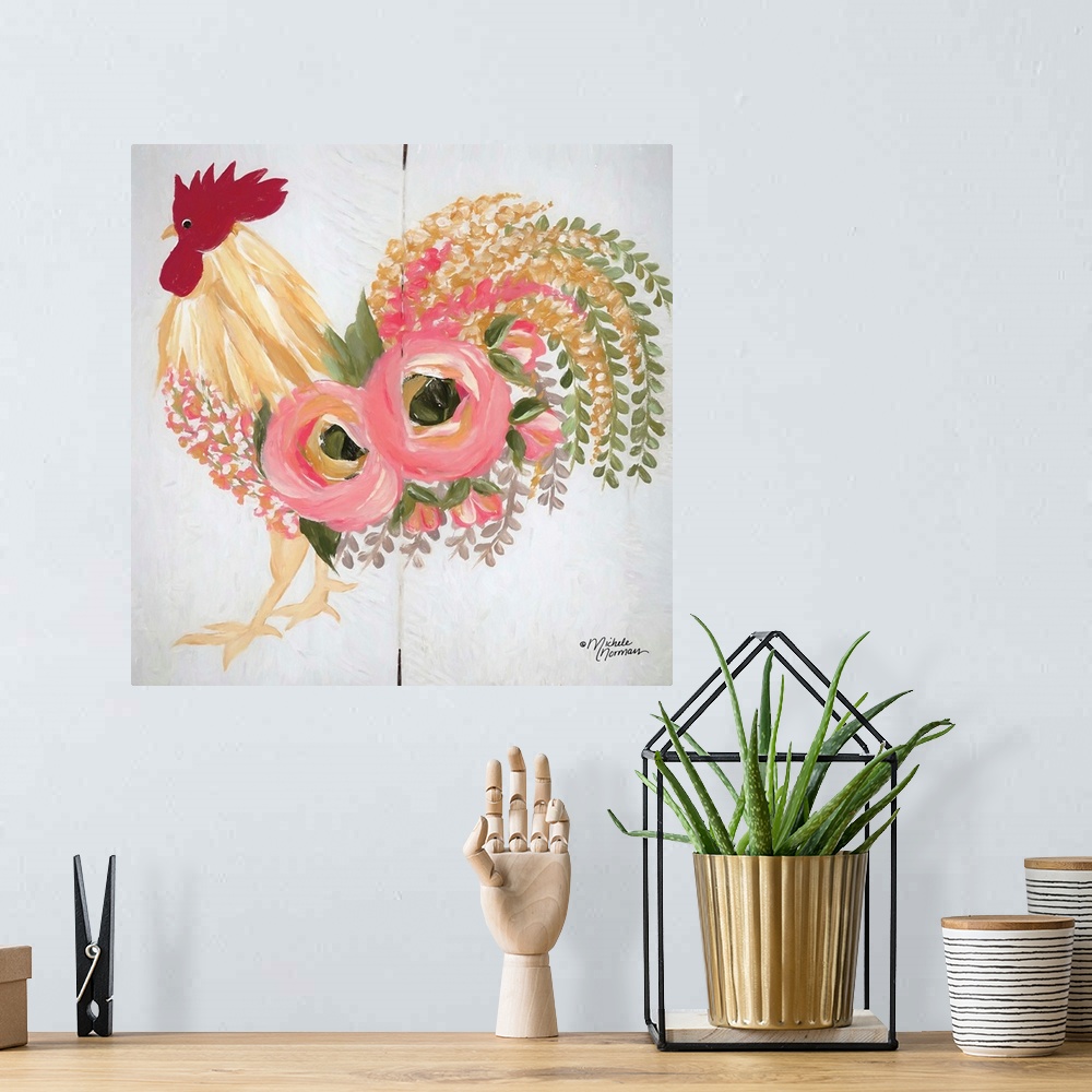 A bohemian room featuring Floral Rooster on White