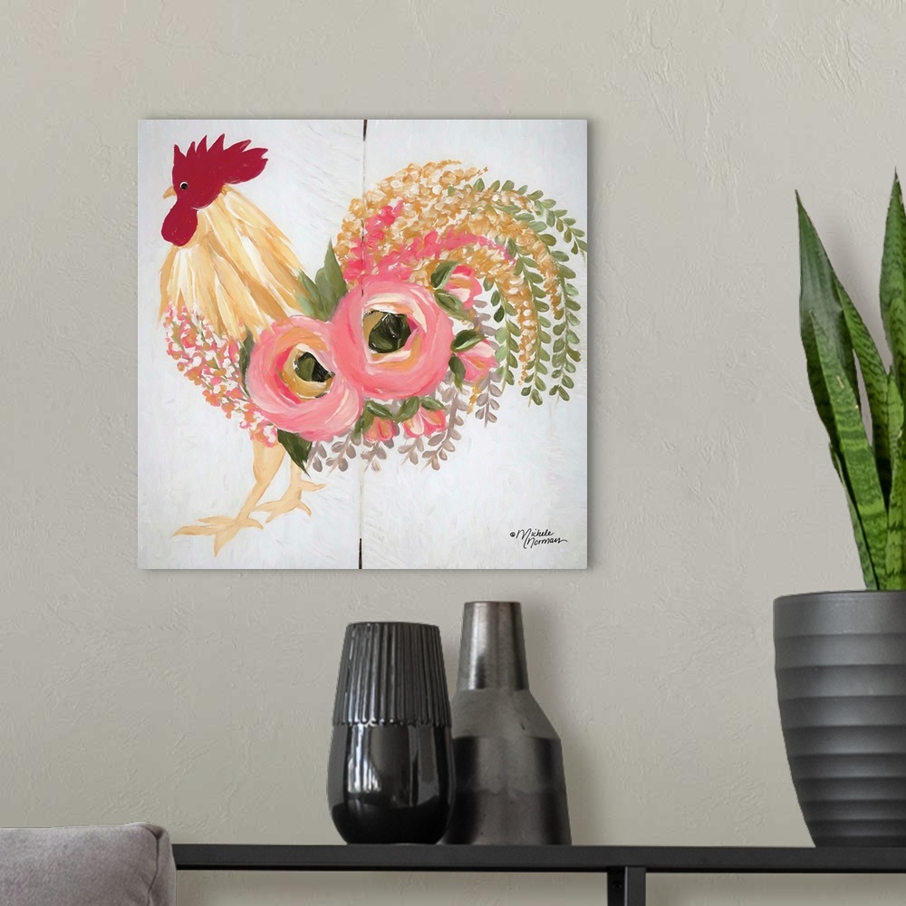 A modern room featuring Floral Rooster on White