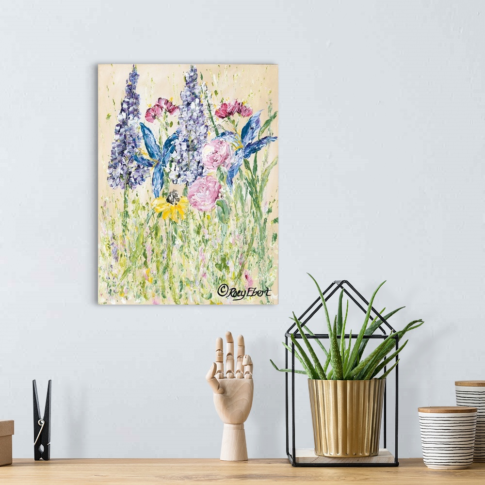 A bohemian room featuring An vertical contemporary painting of wild flowers with an organic textured quality.