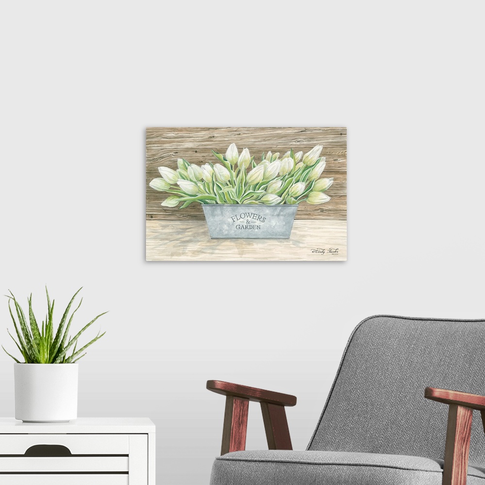 A modern room featuring Decorative artwork of a planter filled with tulips.