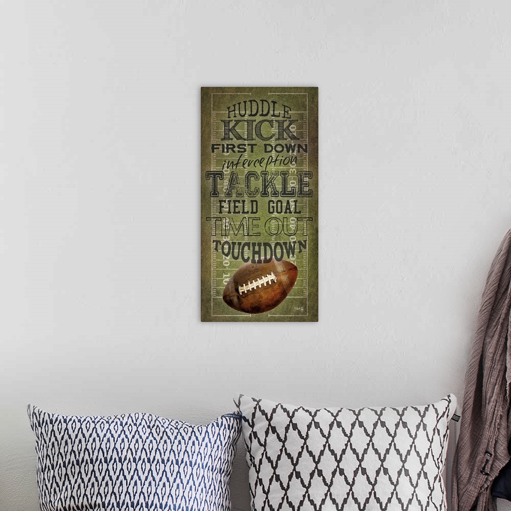 A bohemian room featuring A football typography design with a ball and field.