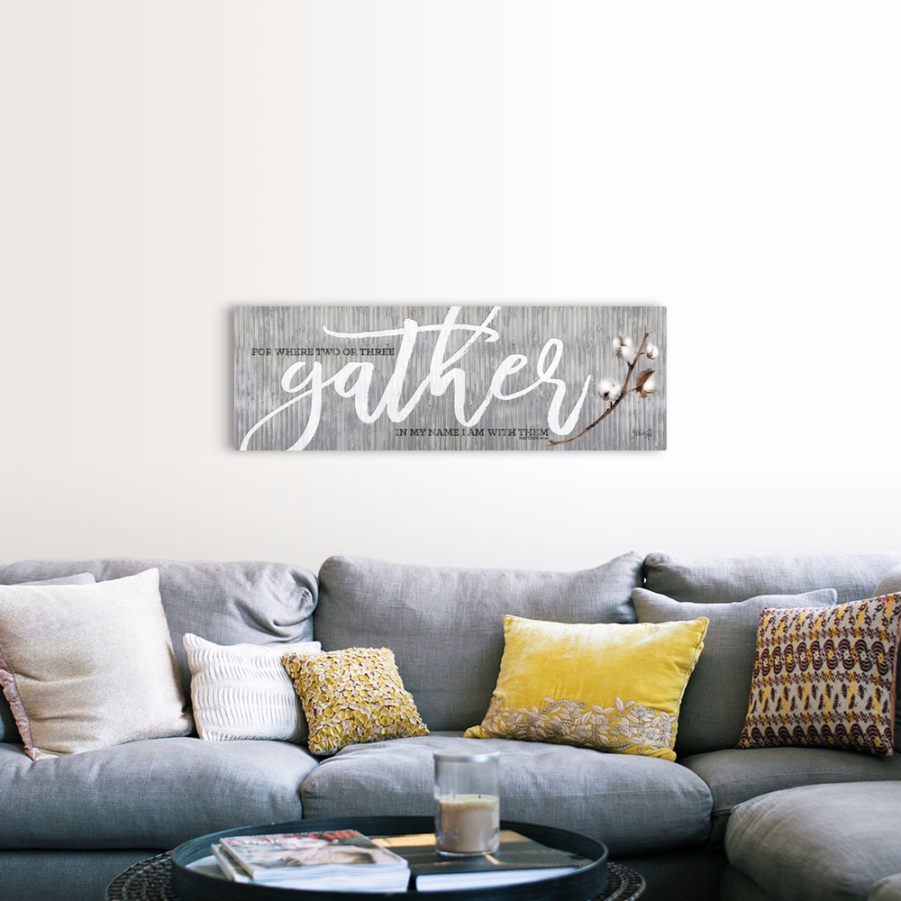 A farmhouse room featuring "For Where Two or Three Gather in My Name I Am With Them.  Matthew 18:20" on a gray distressed me...