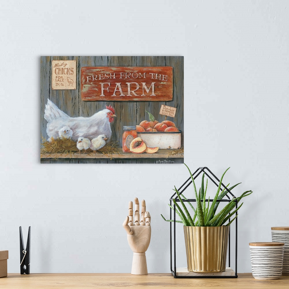 A bohemian room featuring A hen with three chicks next to fresh peaches and a sign that reads "Fresh From The Farm."