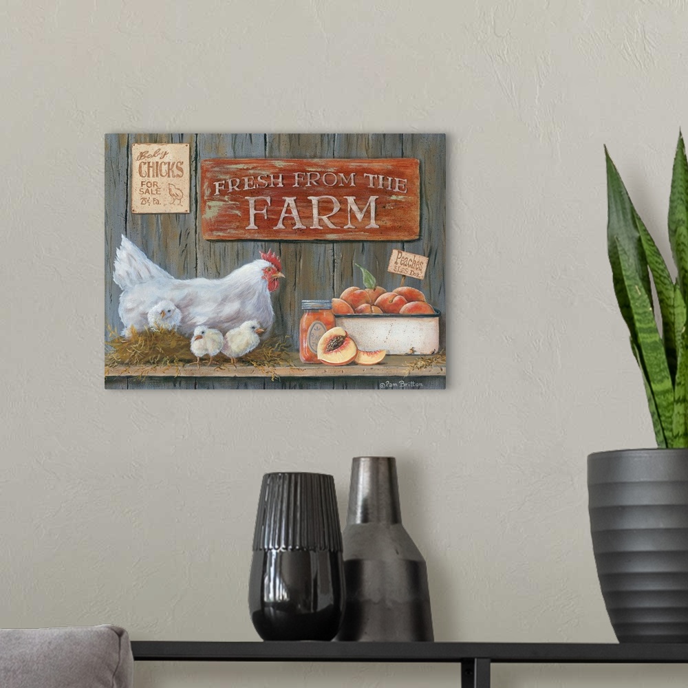 A modern room featuring A hen with three chicks next to fresh peaches and a sign that reads "Fresh From The Farm."
