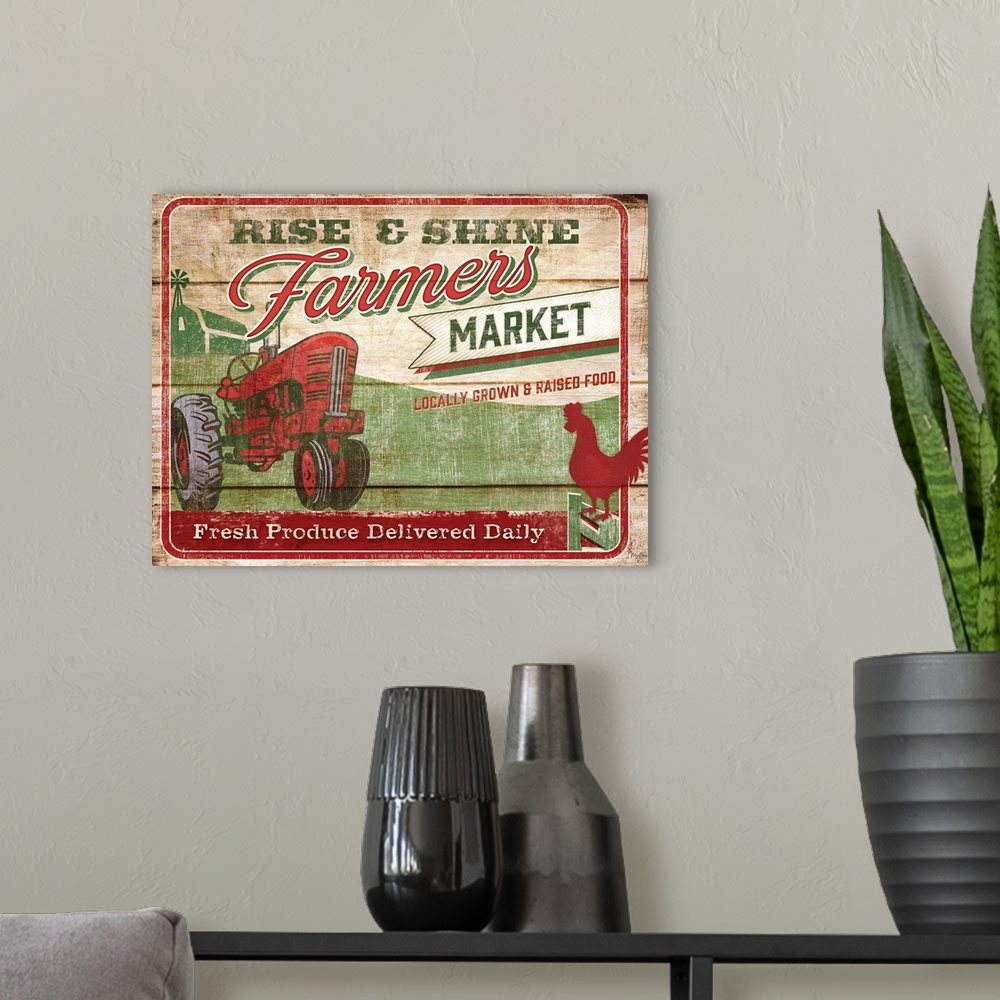 A modern room featuring Rustic looking farming themed wooden sign.