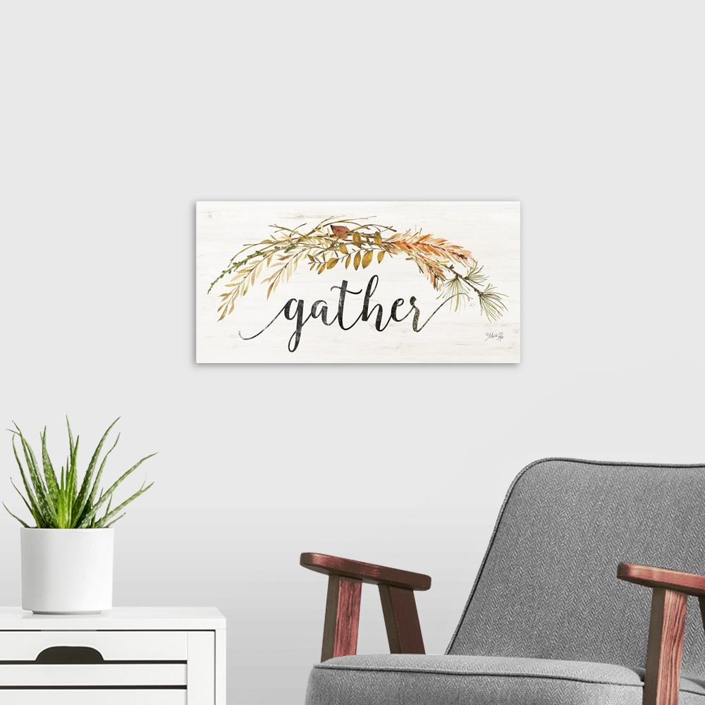 A modern room featuring Gather sign