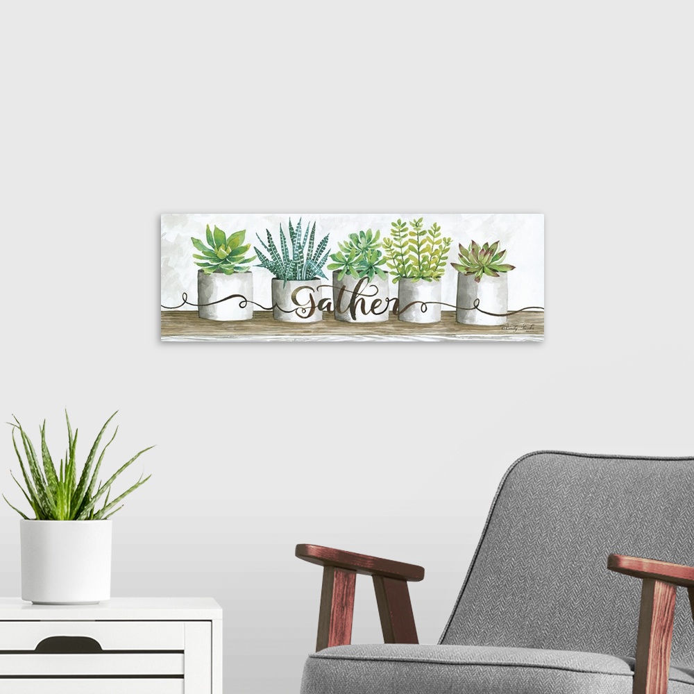 A modern room featuring The word, gather, is placed over planters filled with bright green and blue succulents.