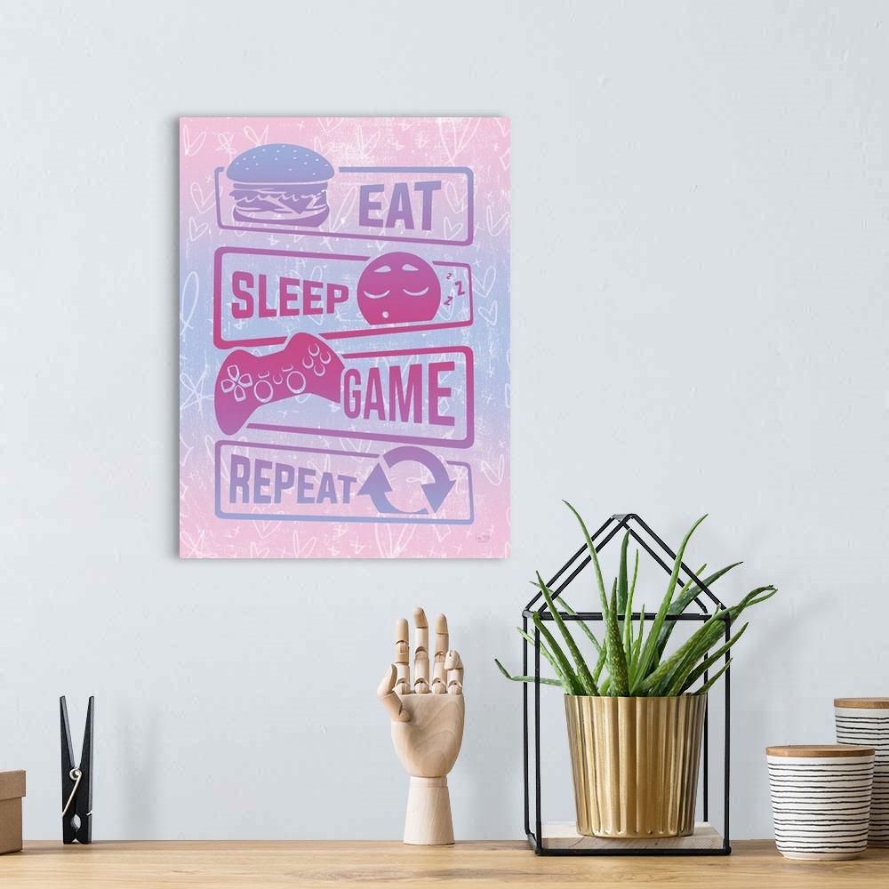 A bohemian room featuring Girly Eat, Sleep, Game, Repeat