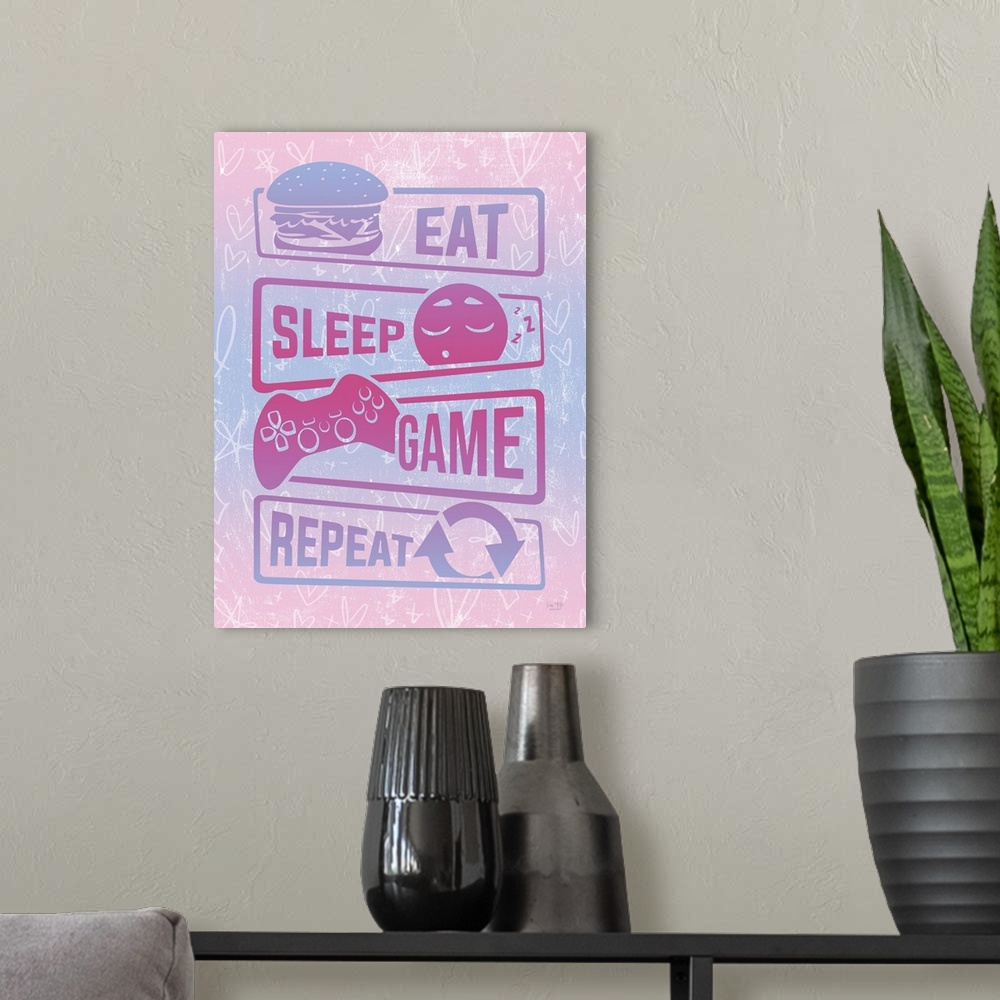 A modern room featuring Girly Eat, Sleep, Game, Repeat